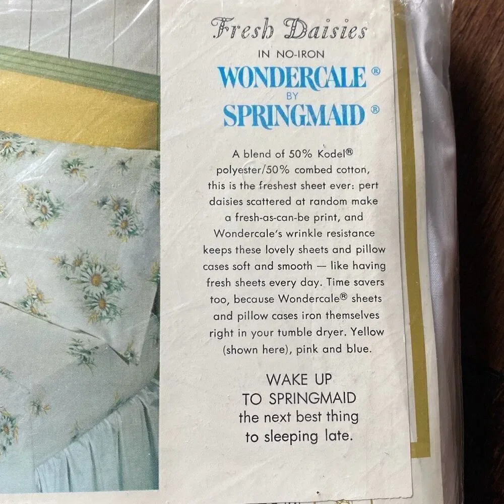 NOS Vintage Wondercale Springmaid double fitted sheet white yellow daisies cotto